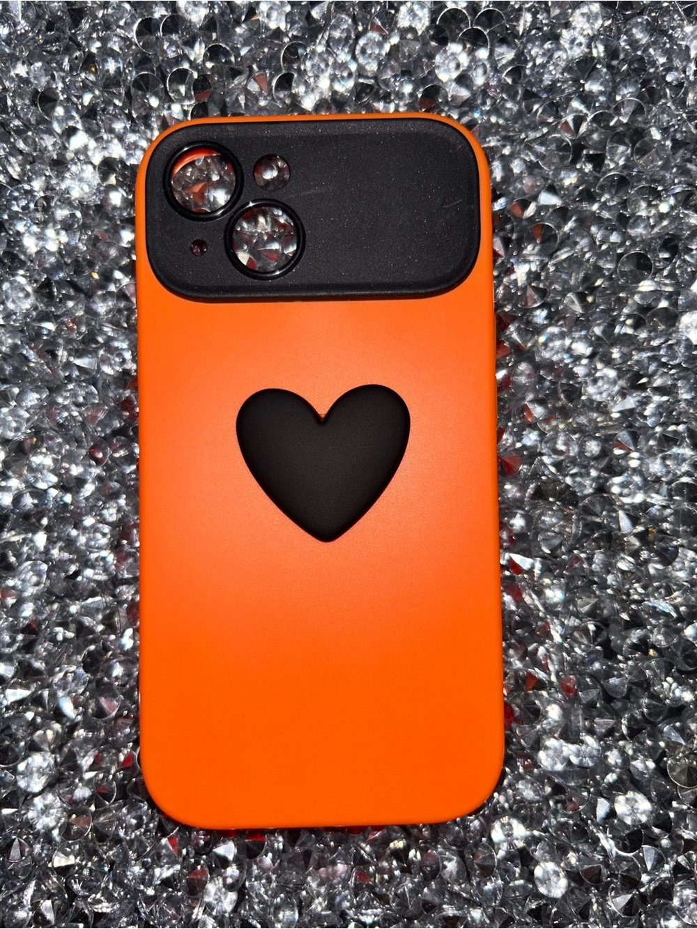 iPhone 15 Orange Heart Silicone Phone Case with Black Camera Cover